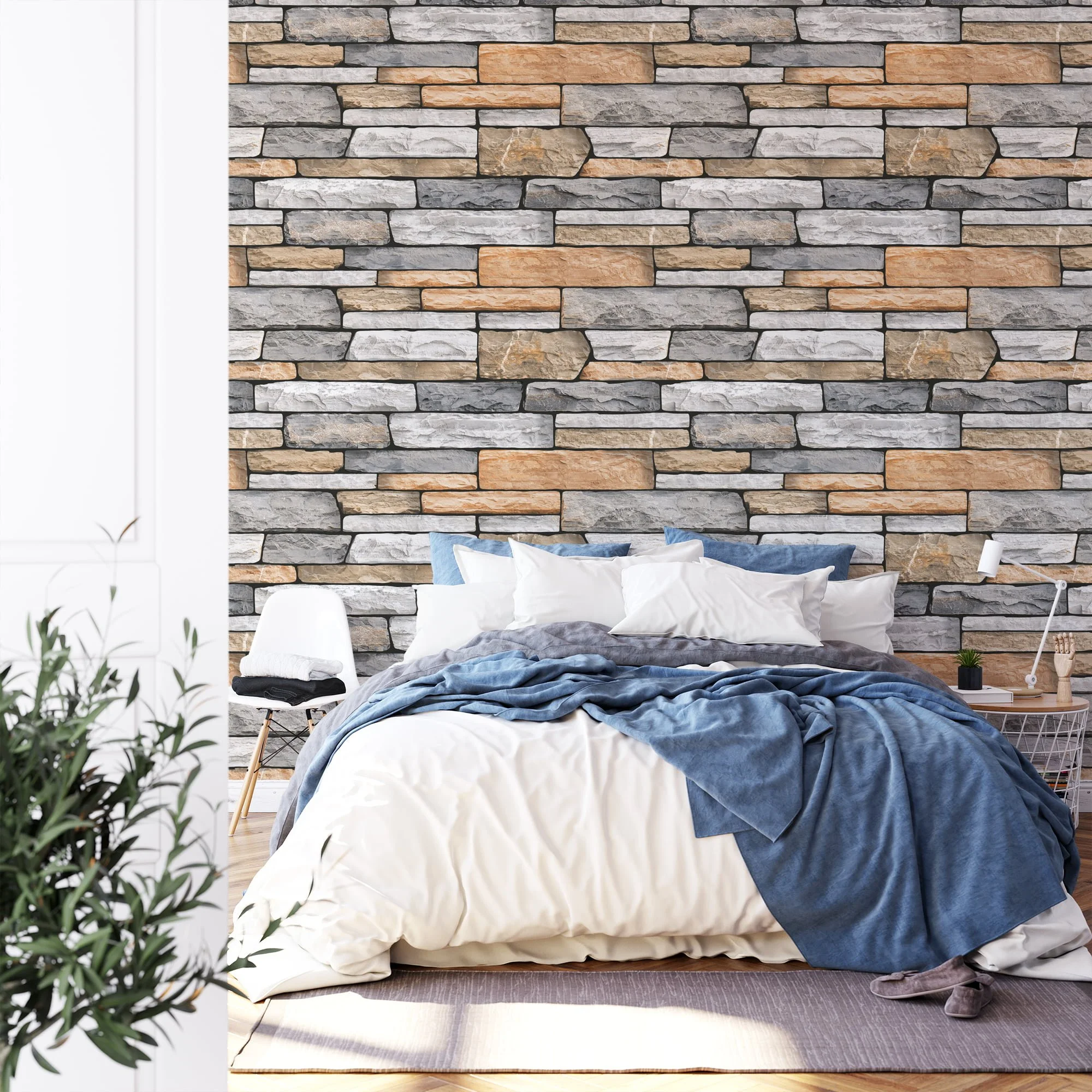 Large Brick Stone Wall Wallpaper, Contemporary Layered Stone Faux Peel & Stick Wall Mural