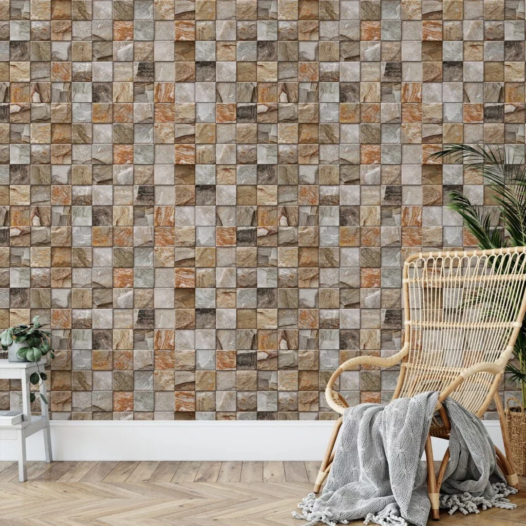 Mosaic Style Brick Wall Square Tiles Wallpaper, Rustic And Natural Peel & Stick Wall Mural