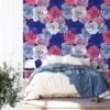 Colorful Abstract Roses Pattern Wallpaper, Bold Blue & Pink Floral Design Peel & Stick Wall Mural