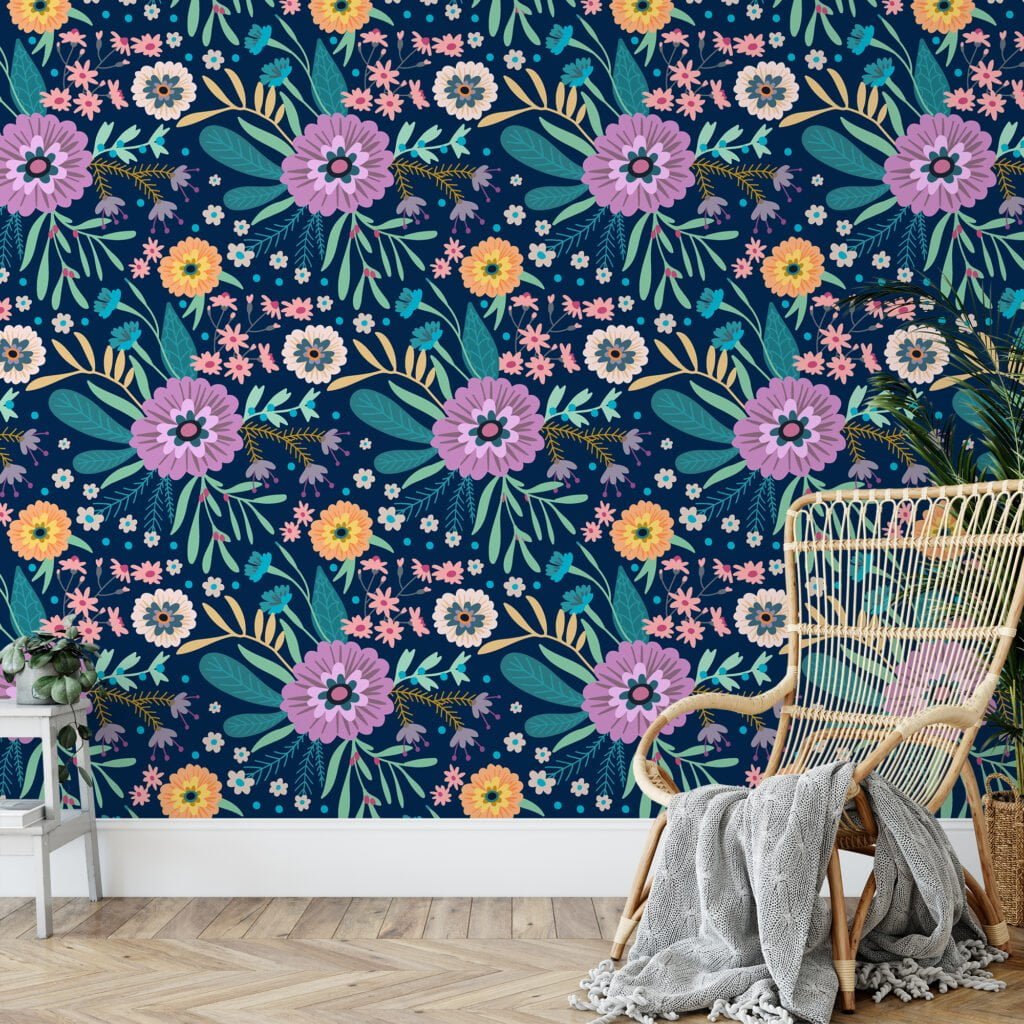 Floral Folk Art Flowers With A Dark Background Wallpaper, Enchanted Navy Garden Peel & Stick Wall Mural