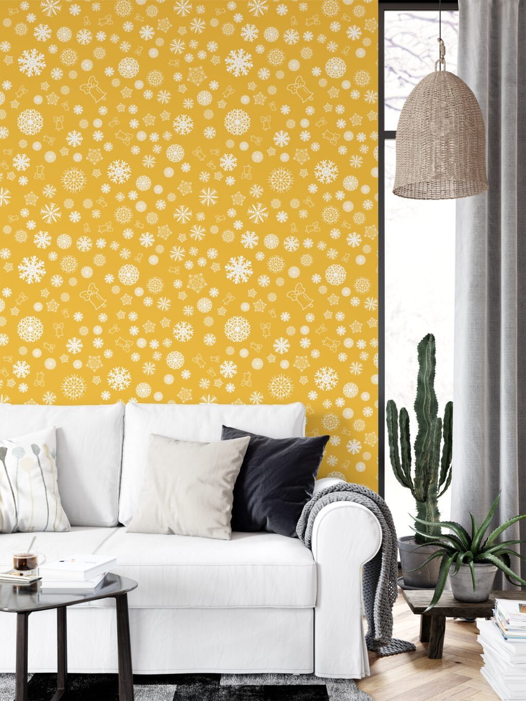 White Snowflakes On A Yellow Background Illustration Wallpaper, Whimsical and Warm Peel & Stick Wall Mural