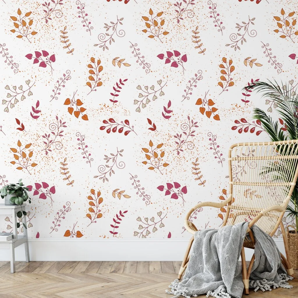 Colorful Leaf Branches Line Art Illustration Wallpaper, Autumn Whimsy Leaves Peel & Stick Wall Mural