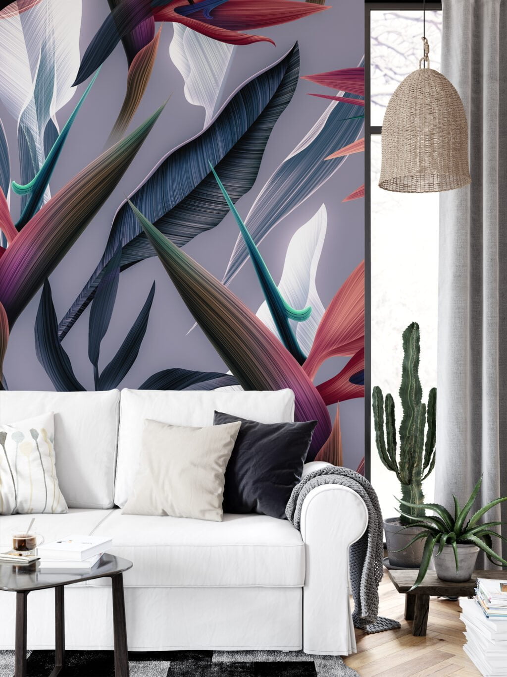 Dark Themed Birds Of Paradise Tropical Wallpaper, Sleek Abstract Botanical Peel & Stick Wall Mural