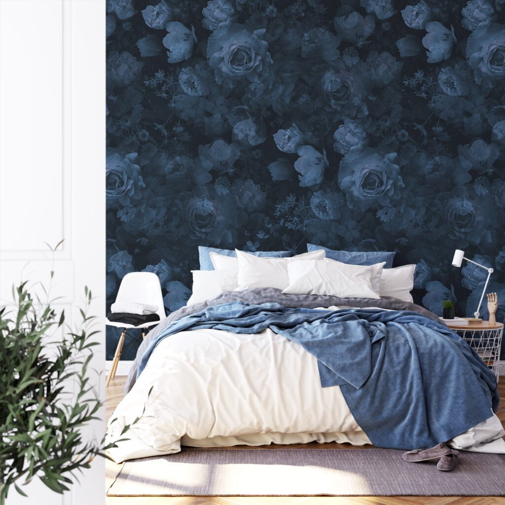 Dark Blue Flower And Roses Floral Pattern Illustration Wallpaper, Midnight Garden Peel & Stick Wall Mural