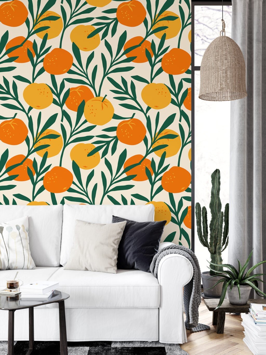 Flat Art Oranges Pattern Illustration Wallpaper, Lively Green Leaves with Citrus Peel & Stick Wall Mural