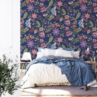 Colorful Floral Paisley Illustration Wallpaper, Opulent Navy Garden Peel & Stick Wall Mural