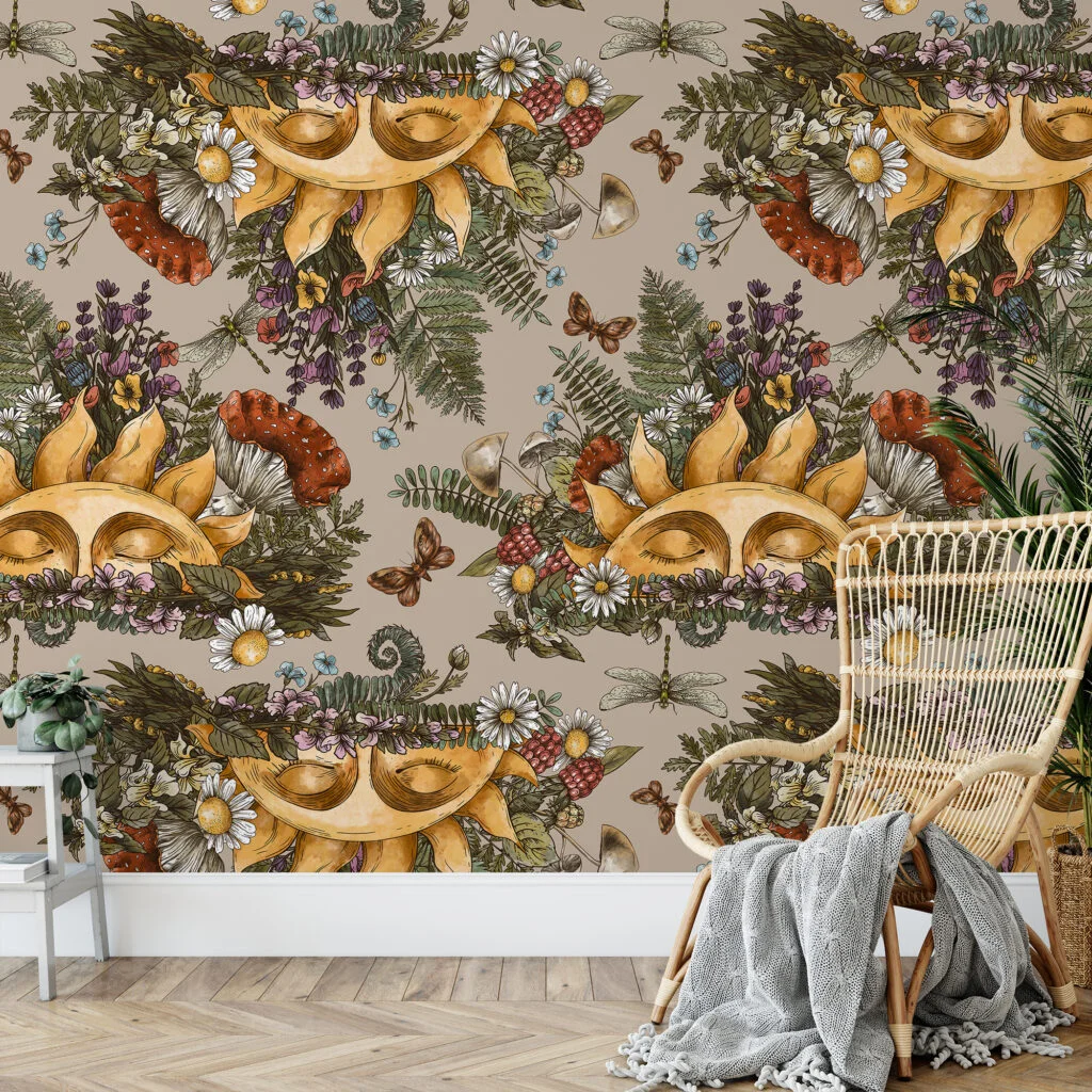 Floral Mystic Sun Illustration With Butterflies And Dragonflies Wallpaper, Enchanted Forest Peel & Stick Wall Mural