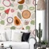 Vegetables And Fruits Illustration Pattern Wallpaper, Whimsical Tropical Fruit Peel & Stick Wall Mural