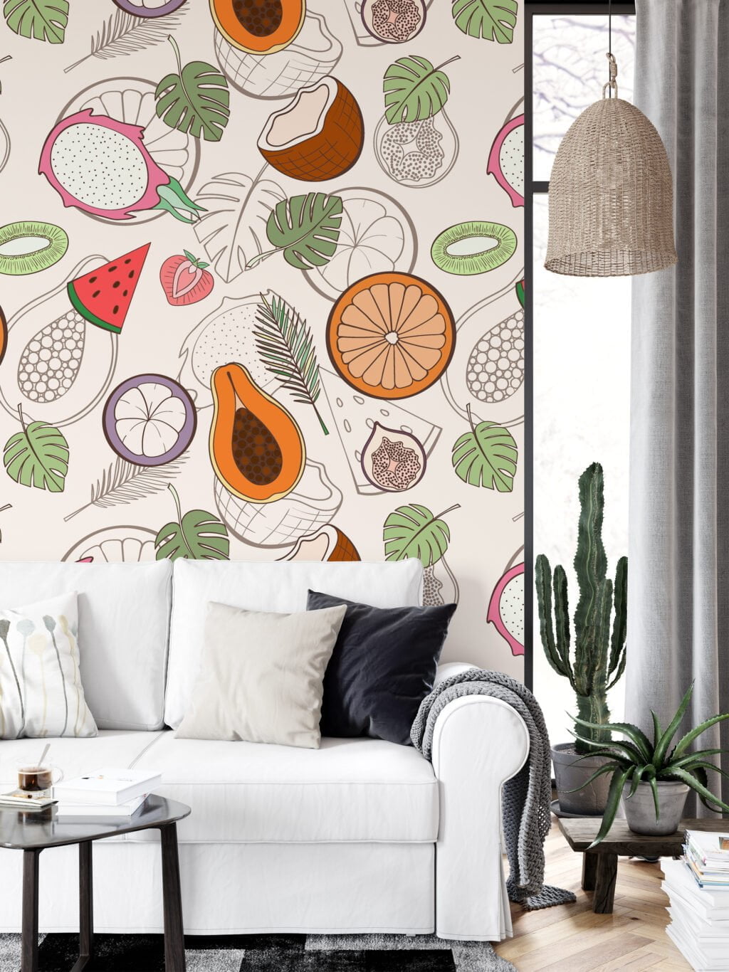 Vegetables And Fruits Illustration Pattern Wallpaper, Whimsical Tropical Fruit Peel & Stick Wall Mural