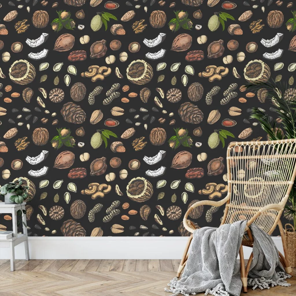 Nuts And Seeds Hand Drawn Illustration Wallpaper, Rustic Kitchen Elegance Peel & Stick Wall Mural