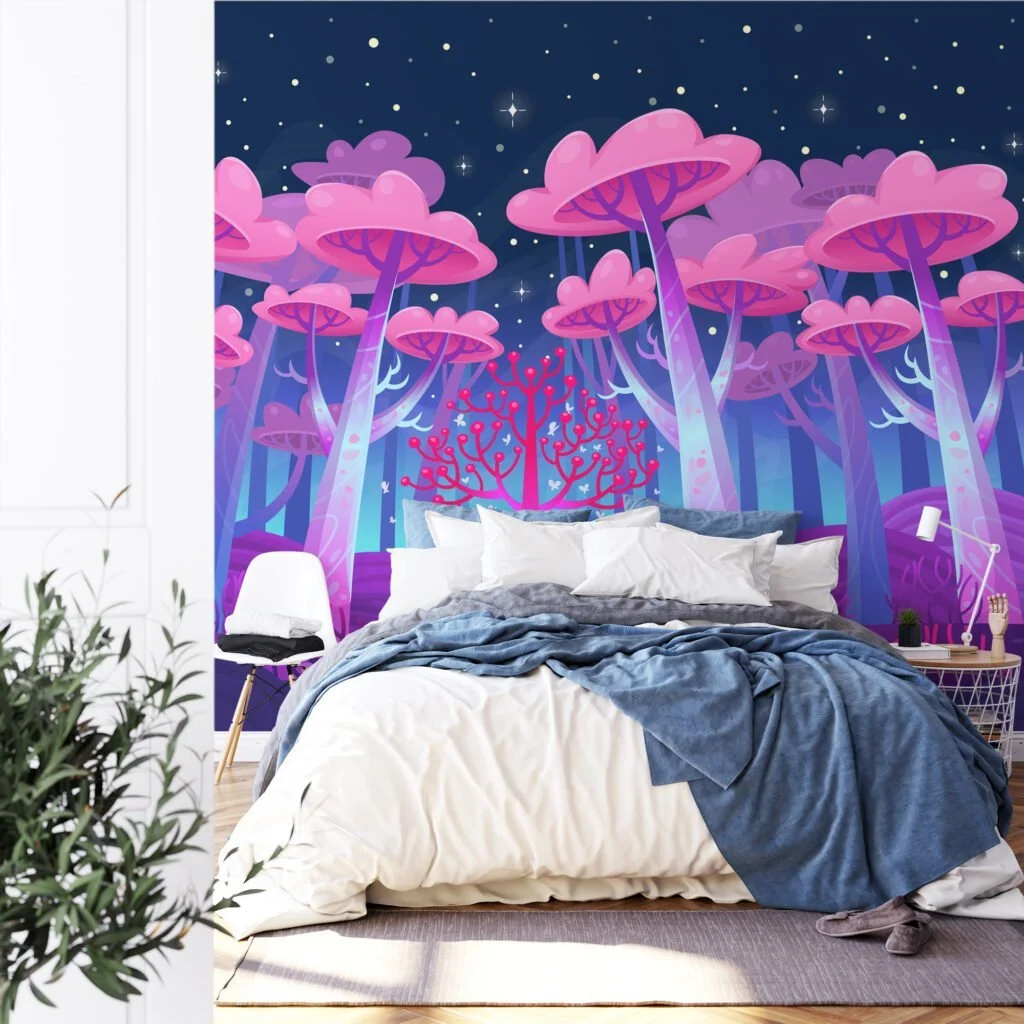 Cartoon Style Large Pink Cotton Candy Trees Wallpaper, Enchanted Forest Space Peel & Stick Wall Mural