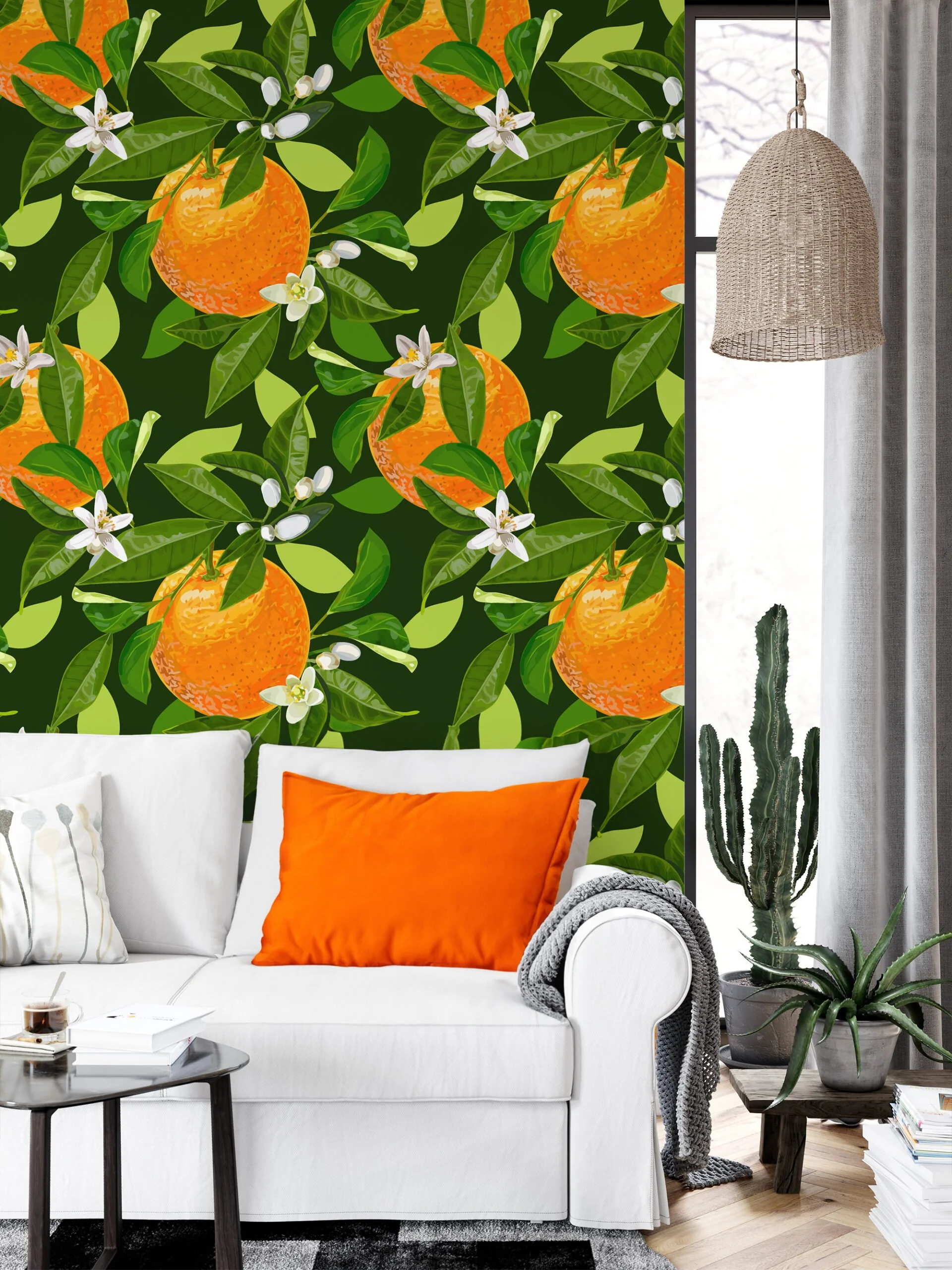 Oranges Illustration Wallpaper, Tropical Fresh Citrus Peel & Stick Wall Mural