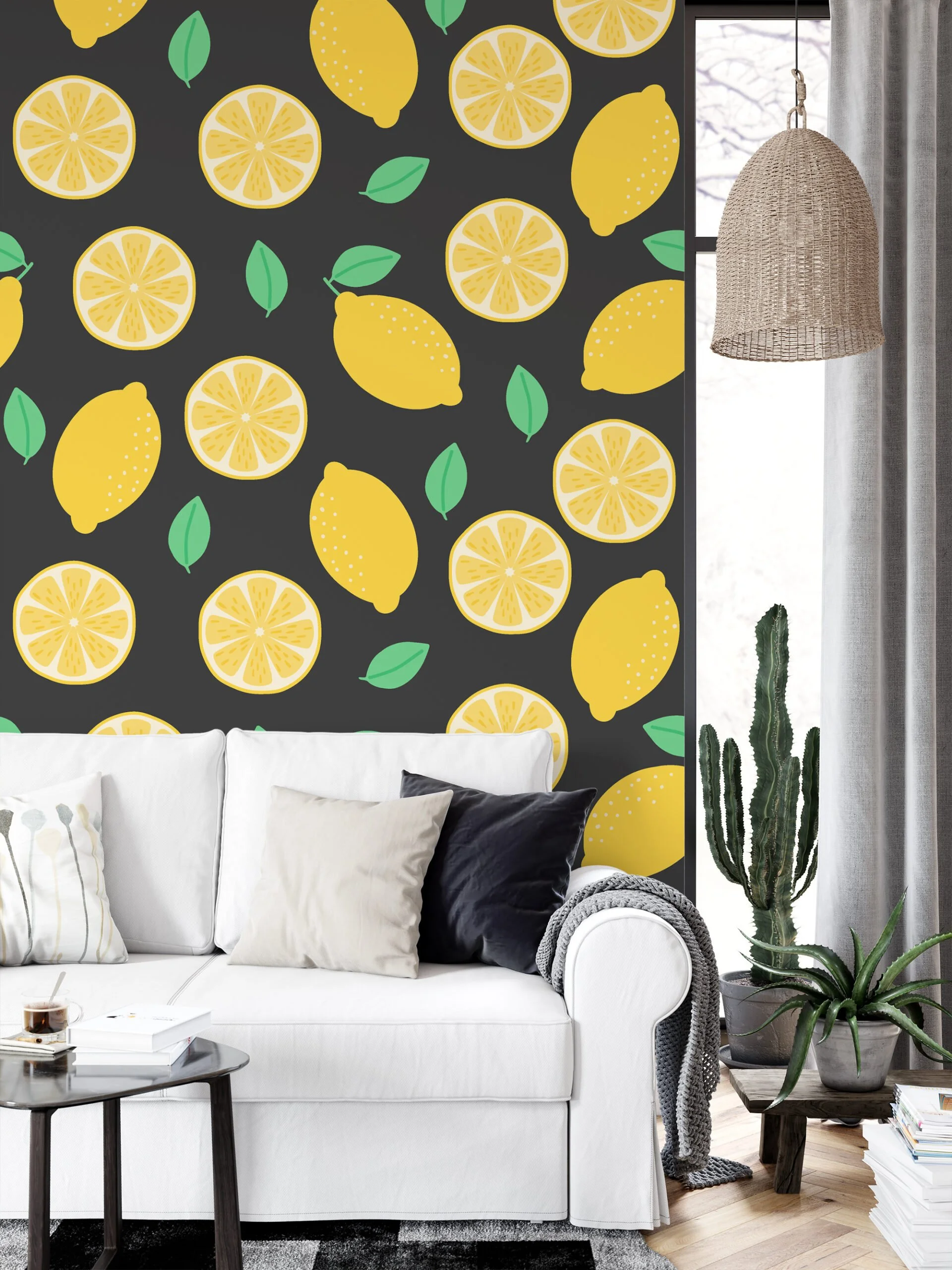 Flat Art Lemon Pattern With Mint Background Wallpaper, Lively Lemon Orchard Peel & Stick Wall Mural