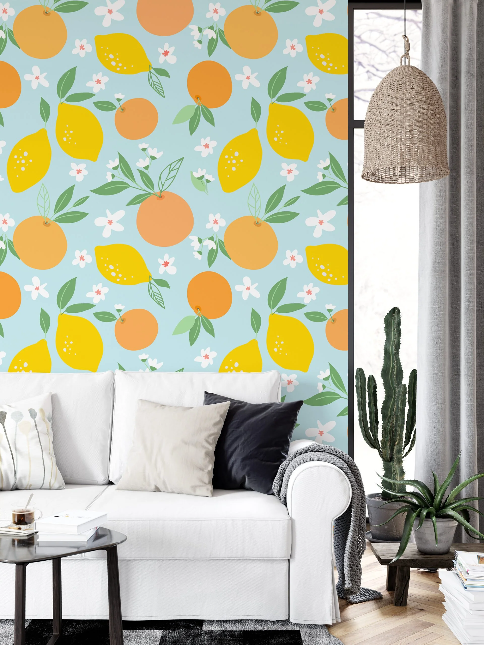 Floral Flat Art Design With Oranges And Lemons Illustration Wallpaper, Sunny Citrus Bloom Peel & Stick Wall Mural