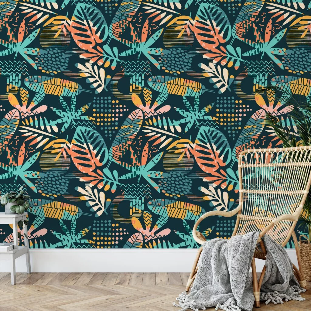 Abstract Large Tropical Silhouette Leaves Flat Art Design Wallpaper, Lush Tropical Foliage Peel & Stick Wall Mural