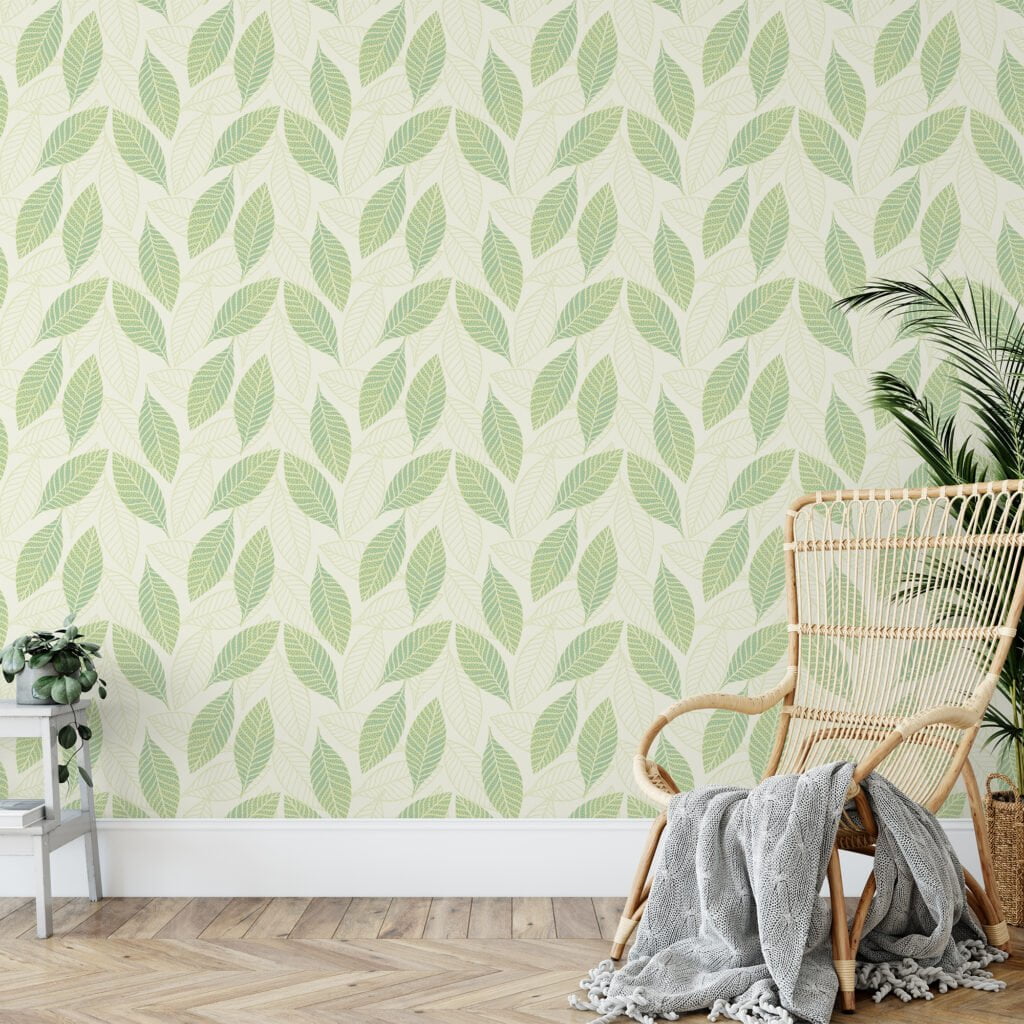Abstract Green Leaves Illustration Wallpaper, Leaf Harmony Design Peel & Stick Wall Mural