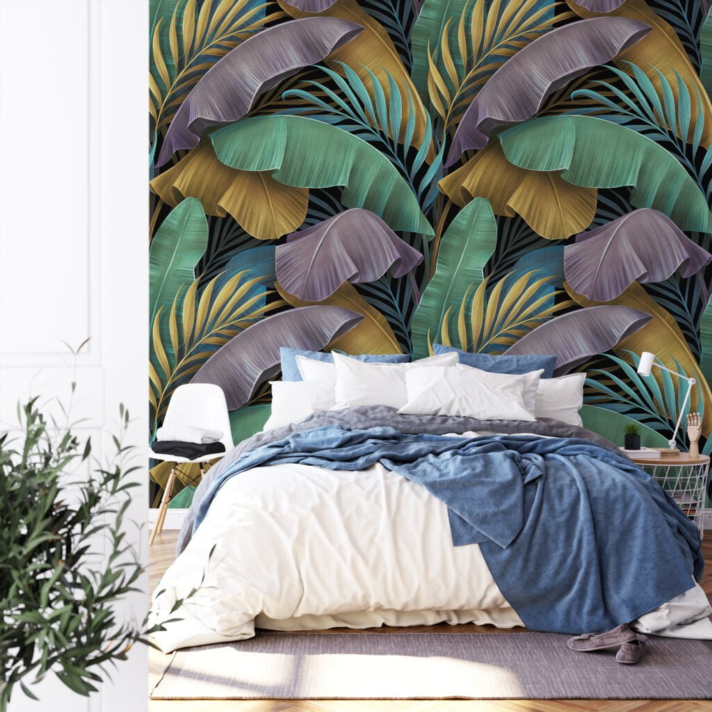 Large Colorful Tropical Leaves With A Dark Background Wallpaper, Luxe 3D Tropical Peel & Stick Wall Mural