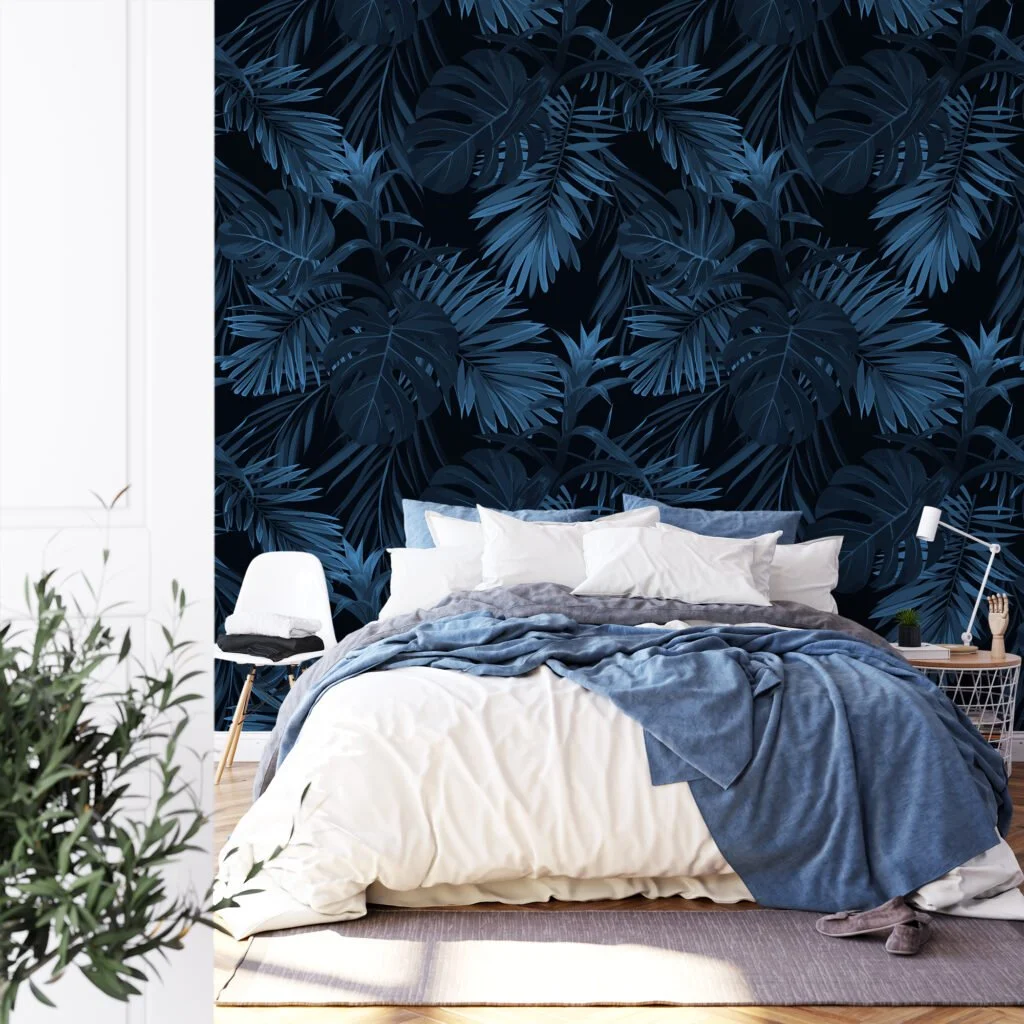 Dark Blue Tropical Leaves Forest Illustration Wallpaper, Dark Elegant Peel & Stick Wall Mural