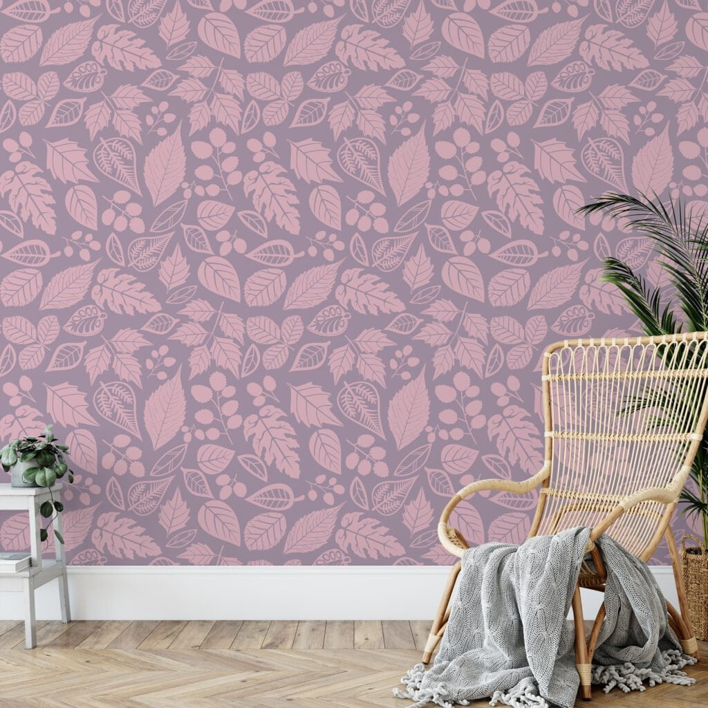 Flat Art Fall Leaves Illustration Wallpaper, Pastel Botanical Elegant Peel & Stick Wall Mural