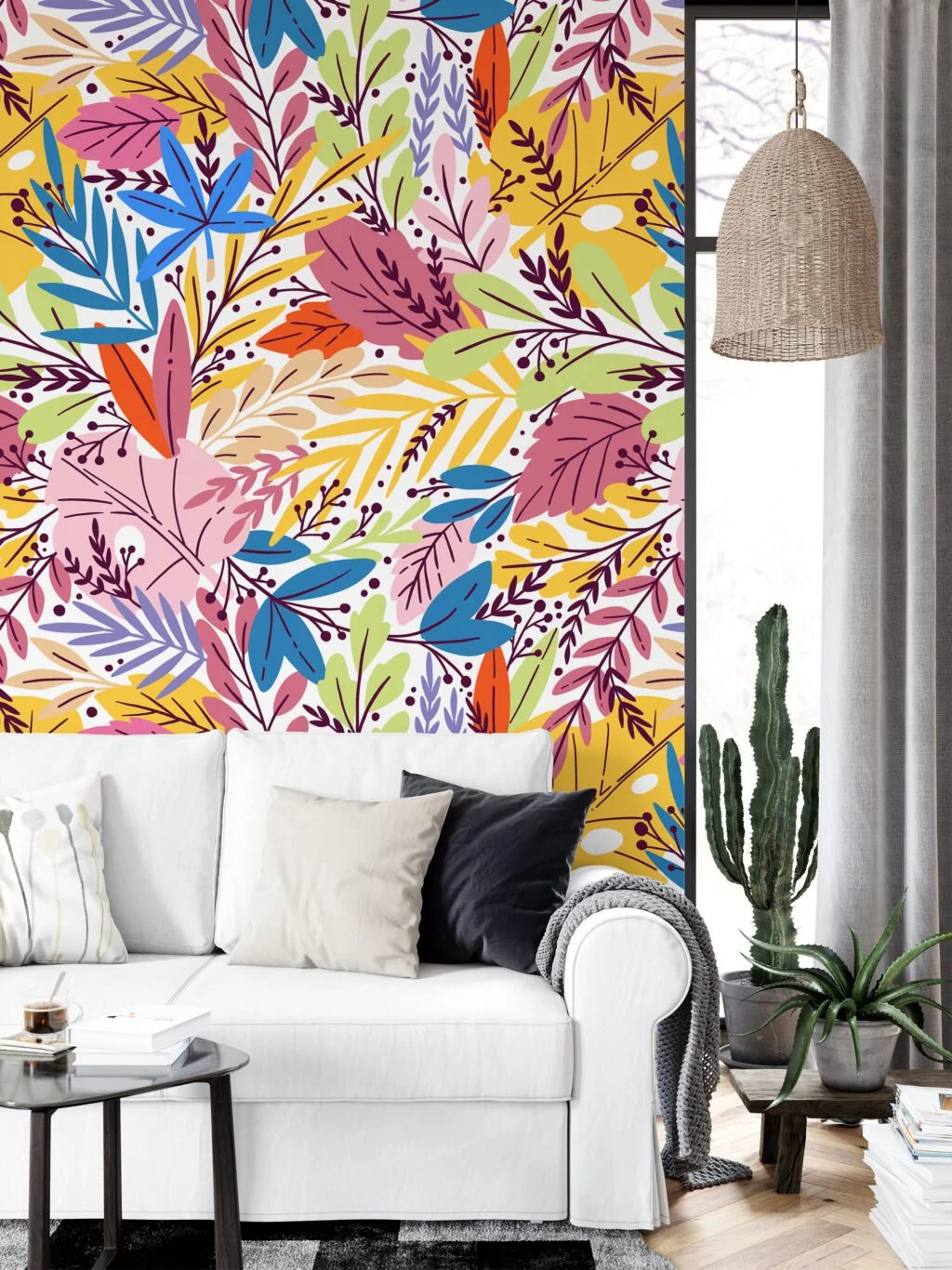 Colorful leaves Illustration Wallpaper, Vibrant Leaf Pattern Peel & Stick Wall Mural