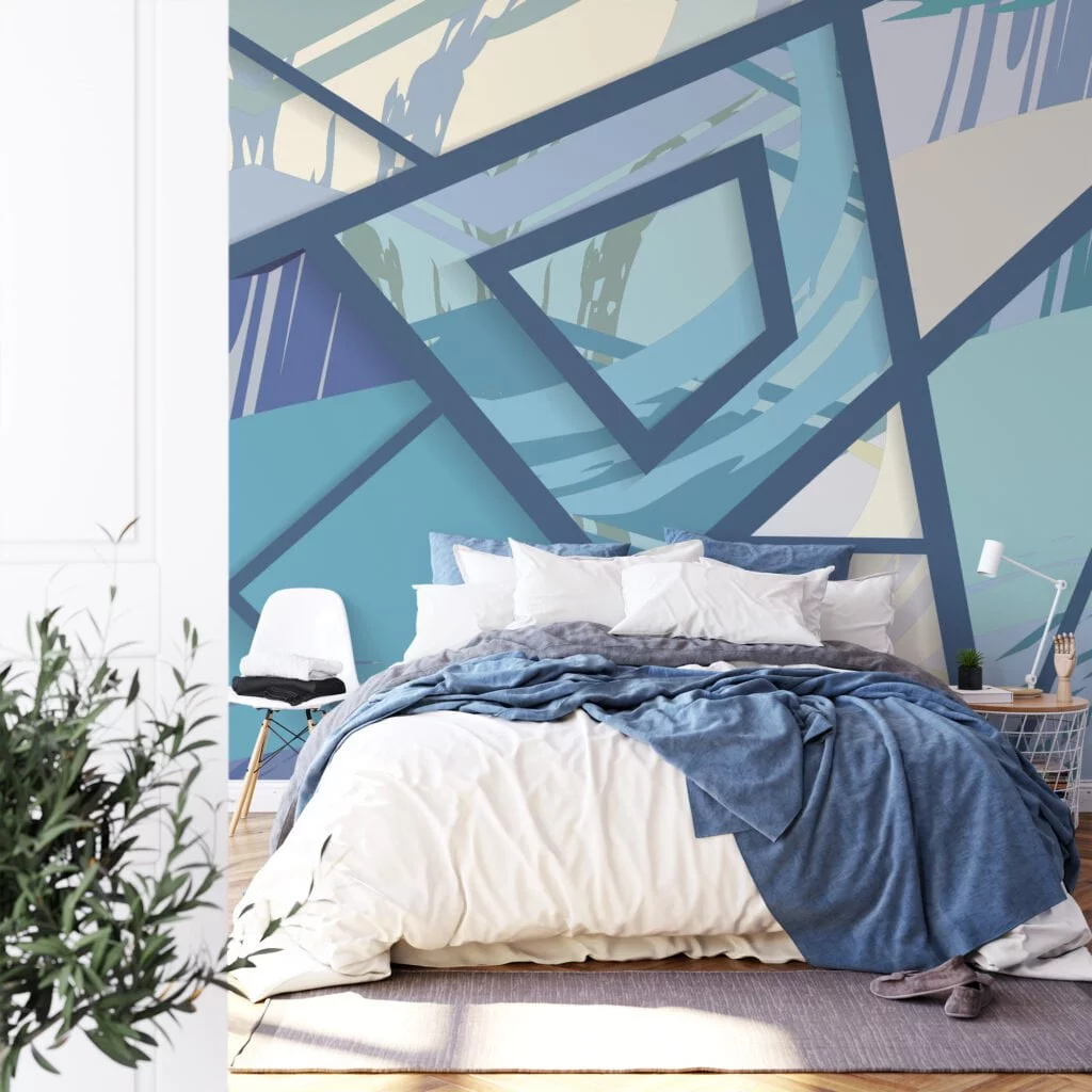 Large Geometric Wallpaper With Modern Blue Splashes Illustration, Blue Angular Design Peel & Stick Wall Mural