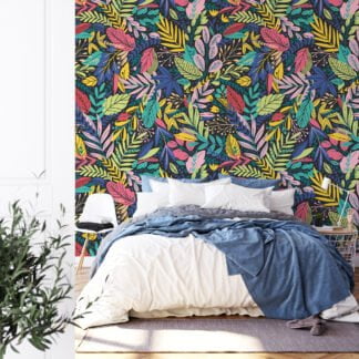 Colorful Leaves Illustration With A Dark Background Wallpaper, Exotic Botanical Peel & Stick Wall Mural