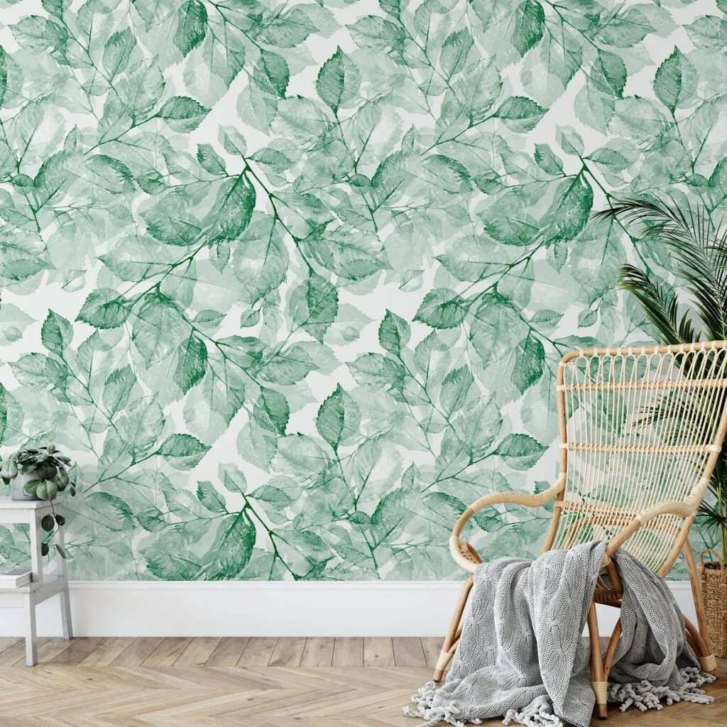 Watercolor Style Green Leaves Pattern Wallpaper, Tranquil Green Foliage Peel & Stick Wall Mural