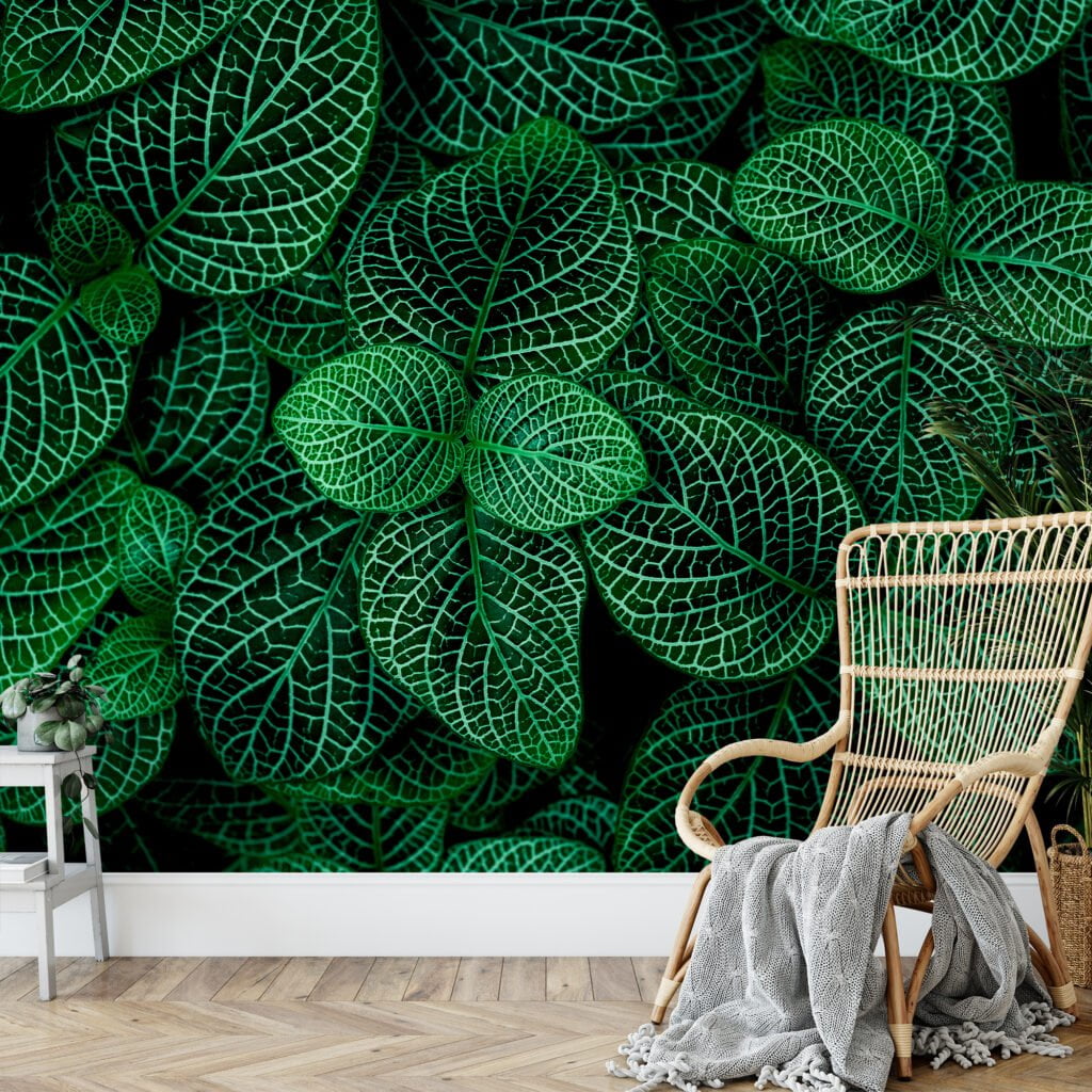 Dark Green Nerve Plant Leaves Wallpaper, Botanical Leaf Peel & Stick Wall Mural