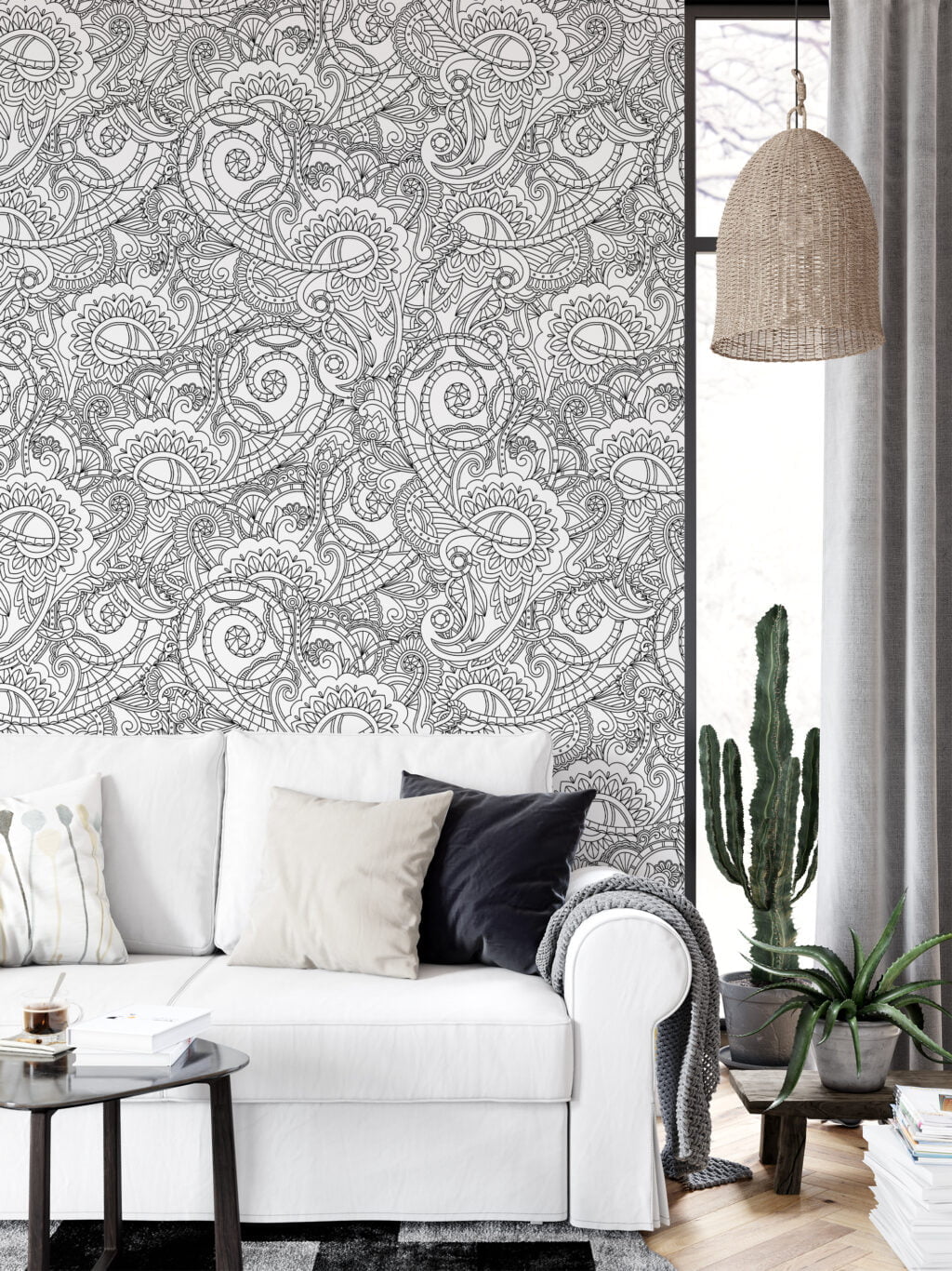 Black Paisley Line Art Design Wallpaper, Monochrome Elegant Paisley Peel & Stick Wall Mural