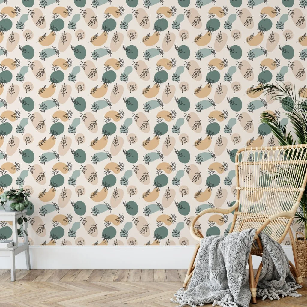 Abstract Boho Floral Line Art Illustration Wallpaper, Muted Green and Yellow Peel & Stick Wall Mural