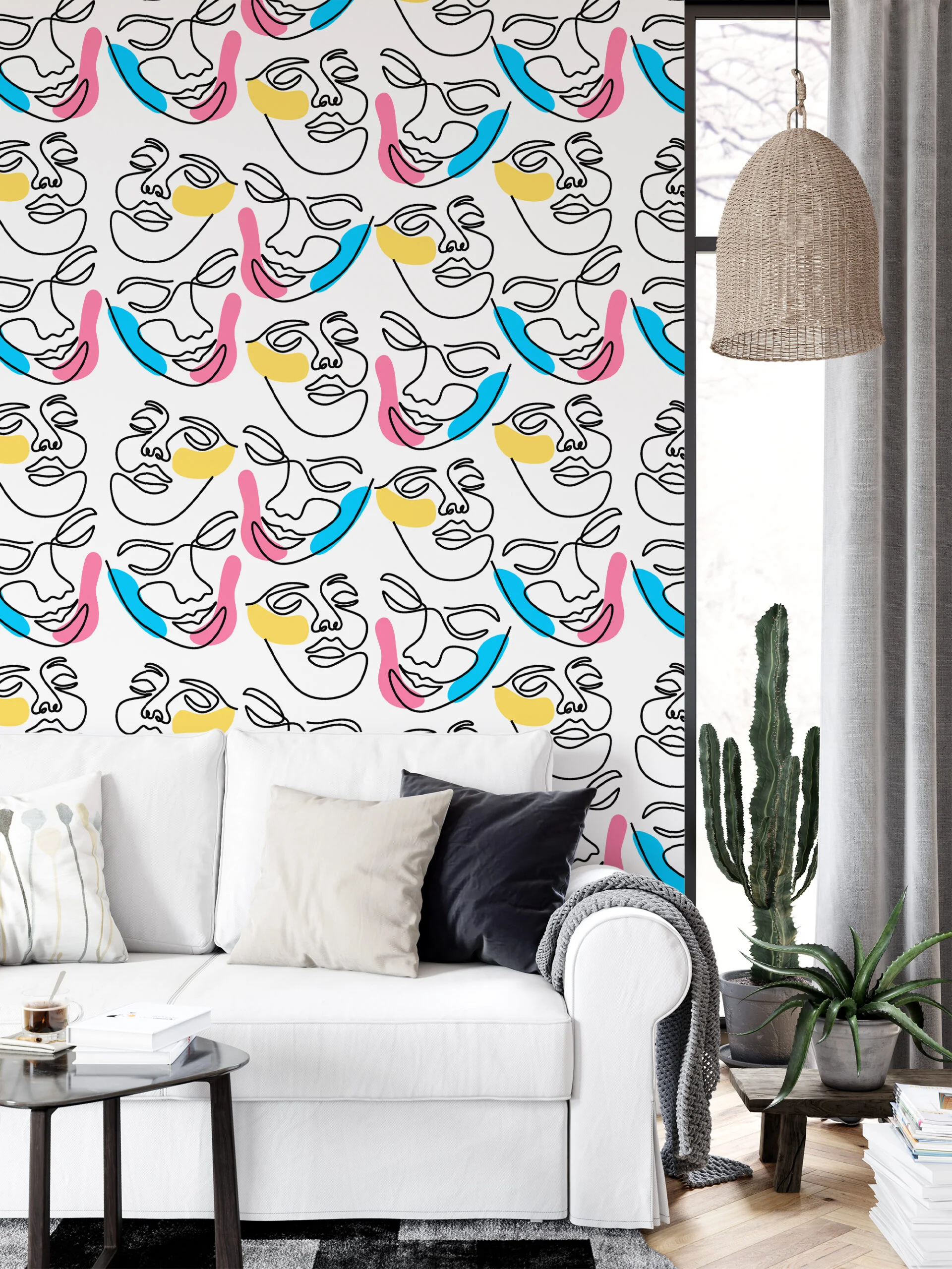 Abstract Faces Line Art Illustration Wallpaper, Vibrant Contemporary Peel & Stick Wall Mural