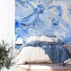 Abstract Blue Ink Swirls Illustration Wallpaper, Unique Suminagashi Inspired Peel & Stick Wall Mural