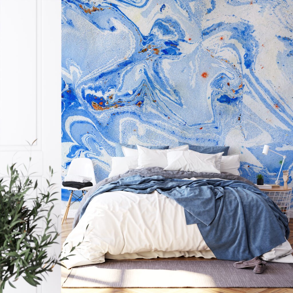 Abstract Blue Ink Swirls Illustration Wallpaper, Unique Suminagashi Inspired Peel & Stick Wall Mural
