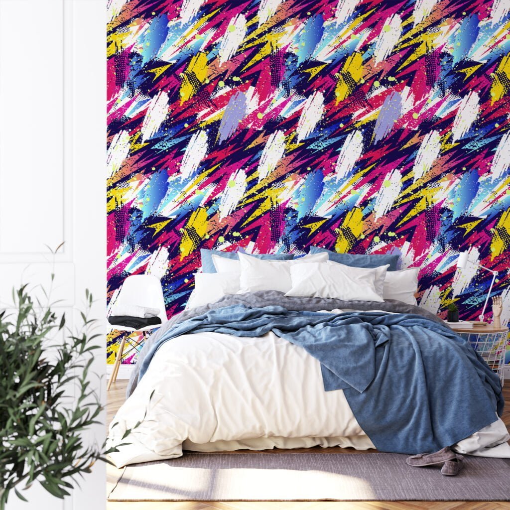 Abstract 90's Brush Strokes Illustration Wallpaper, Dynamic Graffiti Peel & Stick Wall Mural