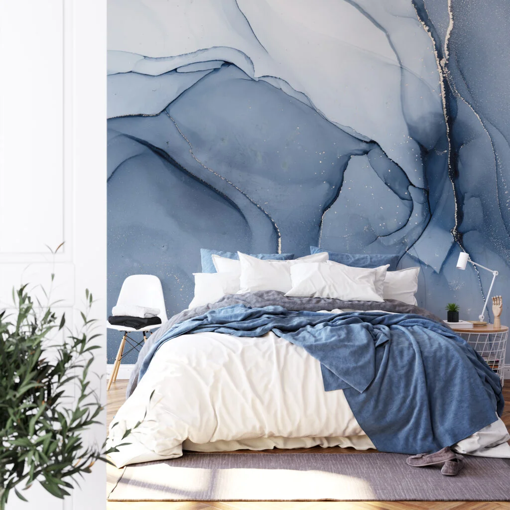 Cool Blue Colored Marble Ink Art Wallpaper, Serene Blue Peel & Stick Wall Mural