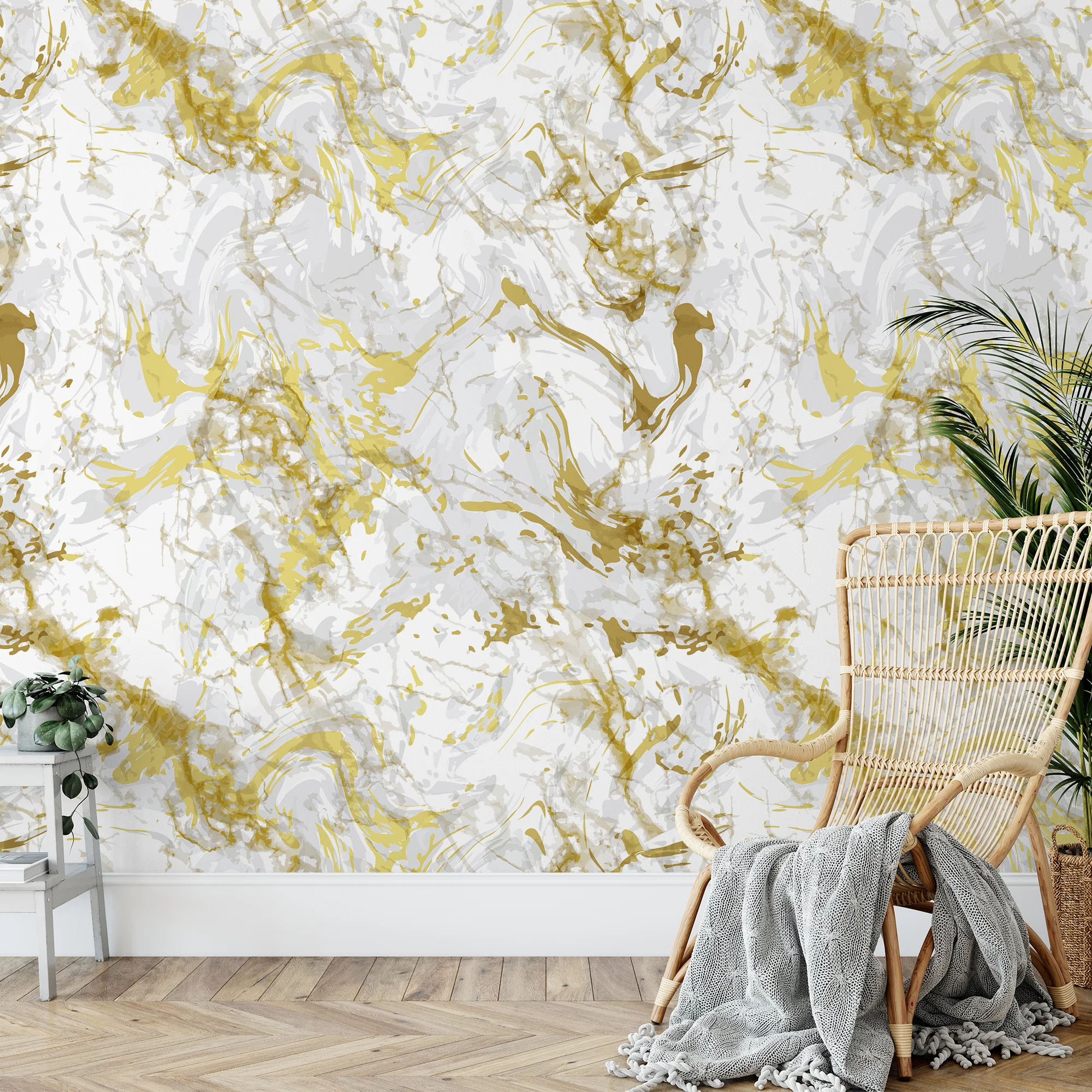 Abstract White And Gold Marble Illustration Wallpaper, Gold Splatter On White Peel & Stick Wall Mural
