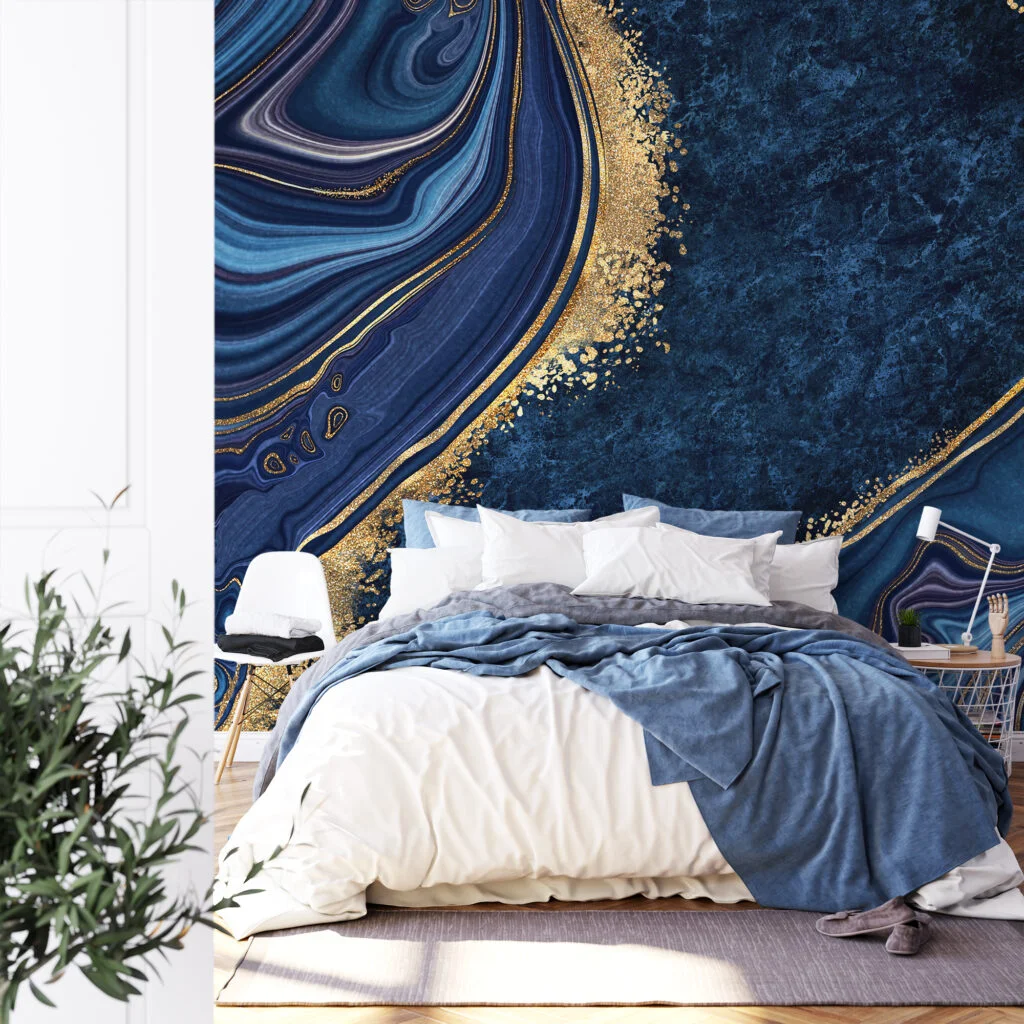 Dark Blue And Gold Abstract Ink Art Illustration Wallpaper, Midnight Blue Agate Peel & Stick Wall Mural