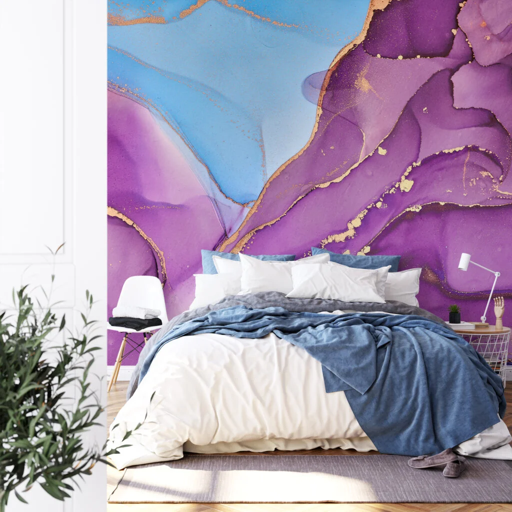 Bright Purple And Blue Alcohol Ink Art Marble Wallpaper, Majestic Purple Marble Peel & Stick Wall Mural
