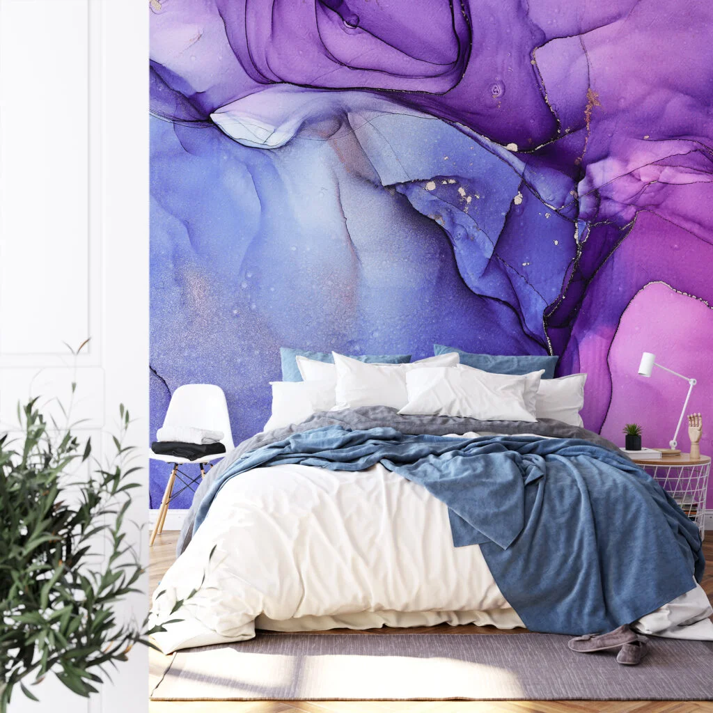 Bright Purple And Blue Alcohol Ink ArtWallpaper, Enchanted Violet Marble Peel & Stick Wall Mural