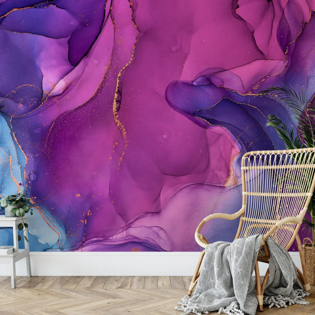 Dark Pink Purple And Blue Alcohol Ink Art Marble Wallpaper, Enchanting Lavender Swirls Peel & Stick Wall Mural