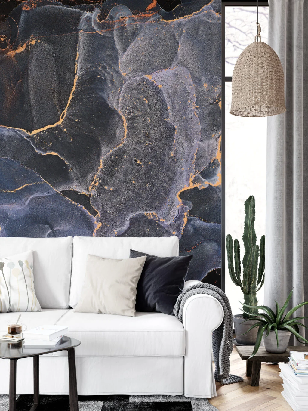 Negative Effect Alcohol Ink Art Marble Wallpaper, Cosmic Navy Blue Peel & Stick Wall Mural