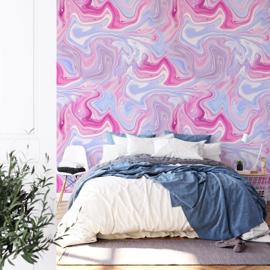 Pink And Lavender Ink Swirls Wallpaper, Swirling Pastel Marble Peel & Stick Wall Mural