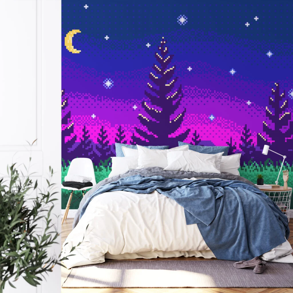 Pixel Art Night Trees With Purple Gradient Background Wallpaper, Pixelated Starry Night Forest Peel & Stick Wall Mural