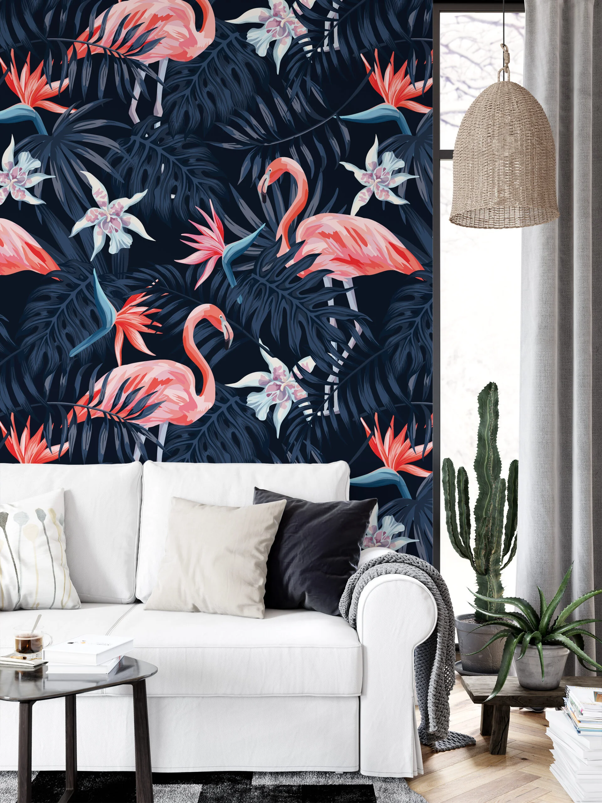 Dark Blue Tropical Leaves With Flamingos Illustration Wallpaper, Majestic Flamingos Peel & Stick Wall Mural