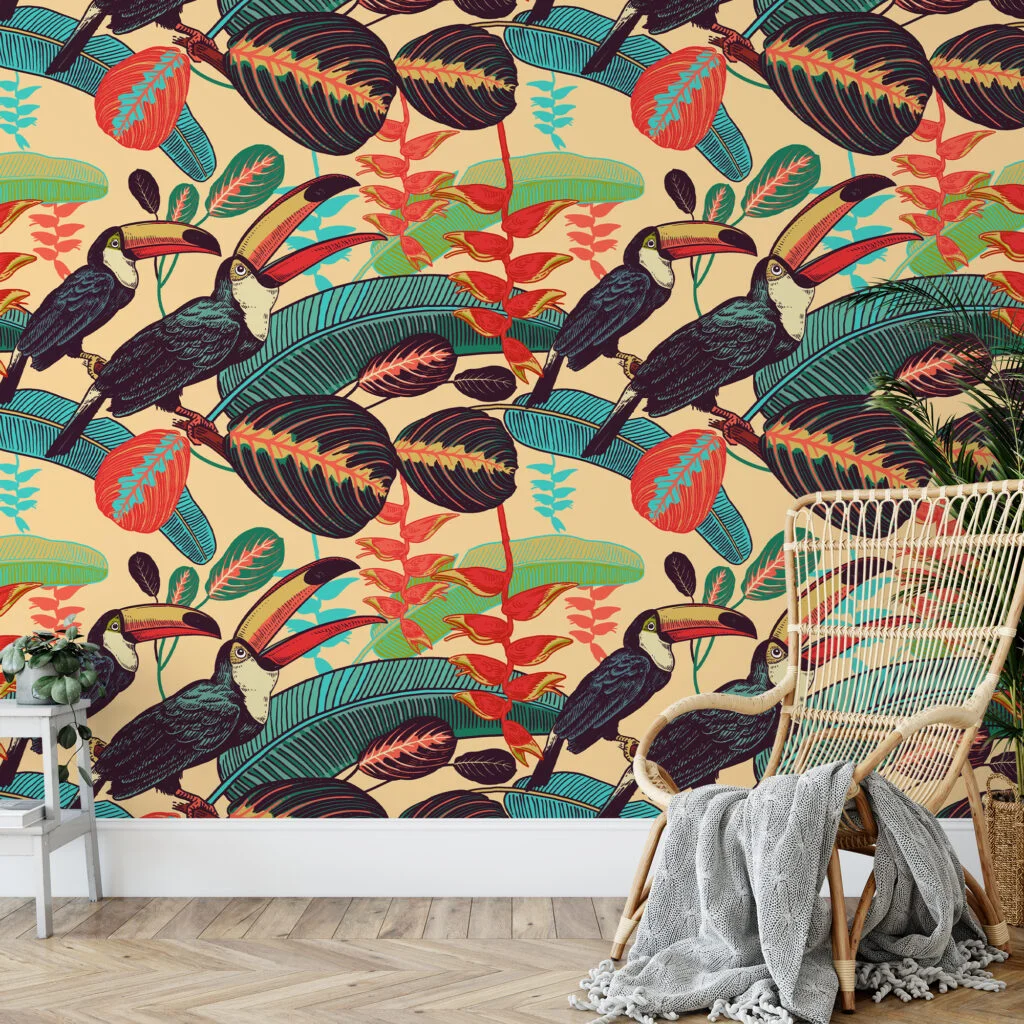 Retro Tropical Illustration With Toucans Wallpaper, Vibrant Jungle Peel & Stick Wall Mural