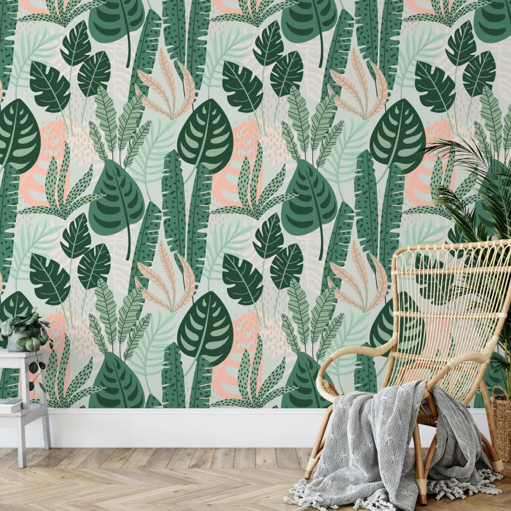 Monstera Leaves Green Abstract Flat Art Illustration Wallpaper, Serene Tropical Foliage Peel & Stick Wall Mural