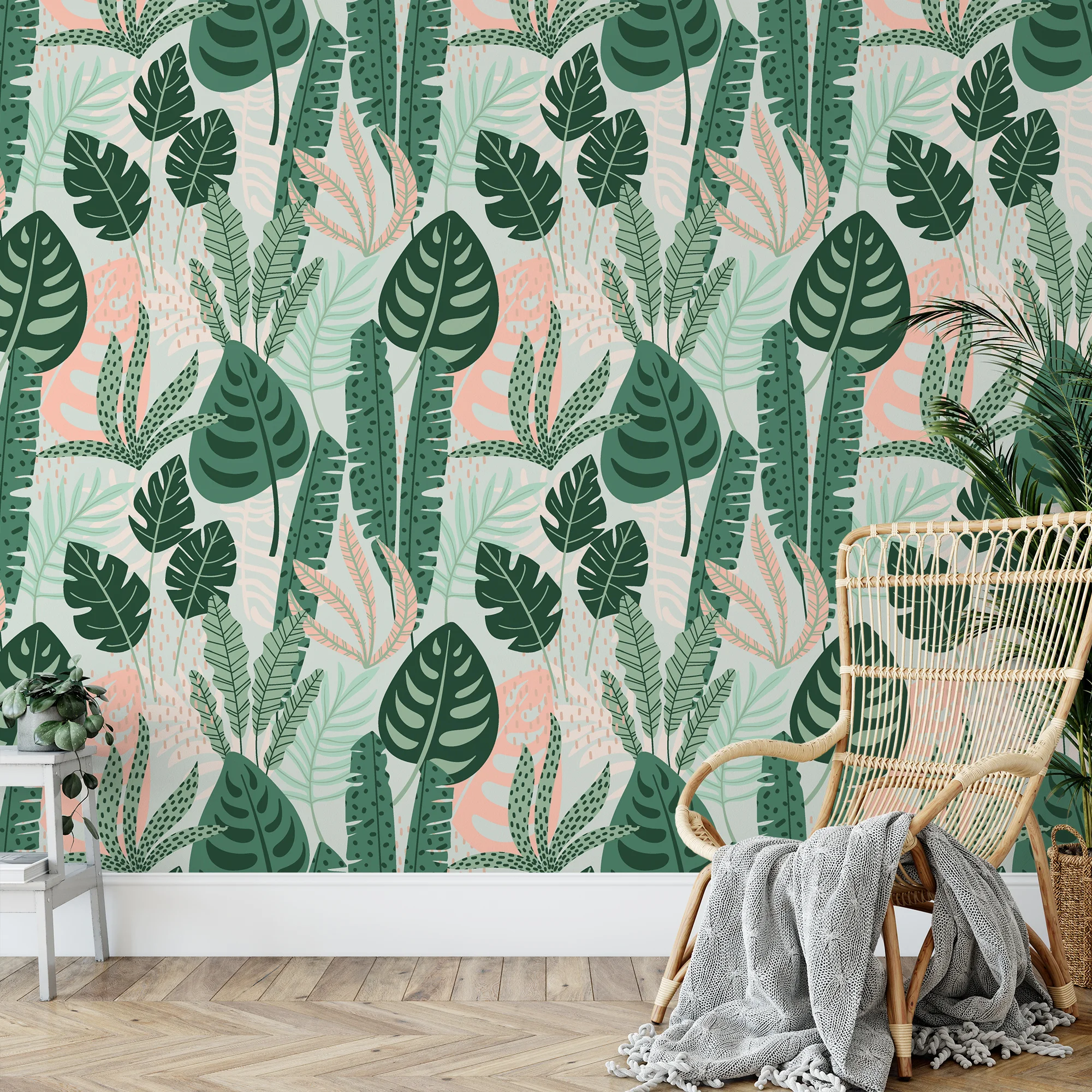 Monstera Leaves Green Abstract Flat Art Illustration Wallpaper, Serene Tropical Foliage Peel & Stick Wall Mural