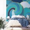 Large Abstract Waves With Blue Shades Wallpaper, Elegant Swirling Waves Peel & Stick Wall Mural
