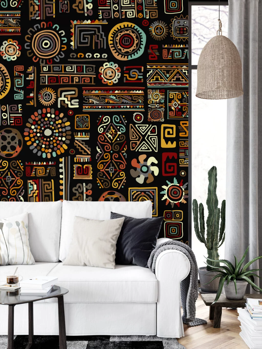 Abstract Historic Hieroglyphs Illustration Wallpaper, Geometric Tribal Decor Peel & Stick Wall Mural