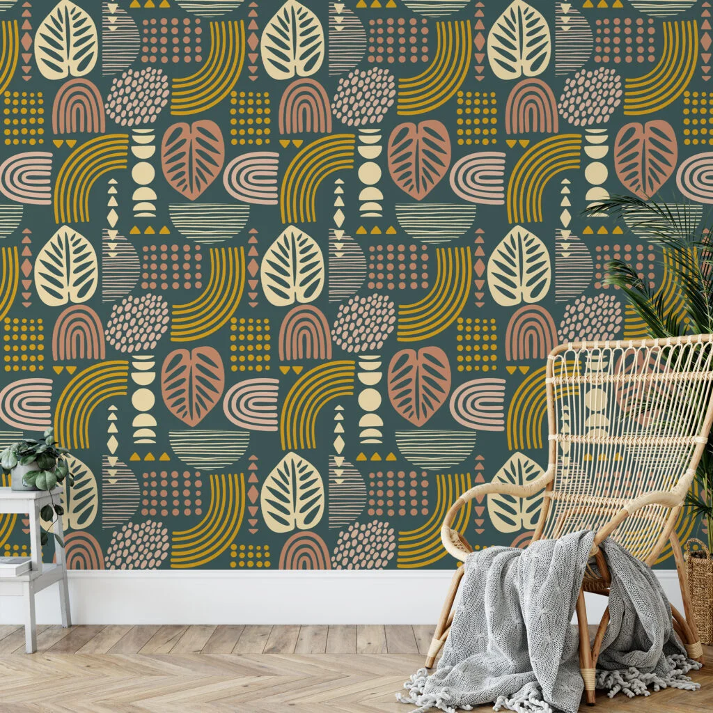 Boho Leaf Shapes Pattern Illustration Wallpaper, Botanical Abstract Fusion Peel & Stick Wall Mural